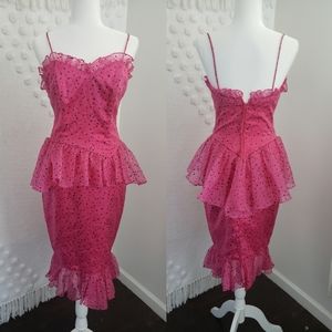 Vintage 80's Fuchsia & Black Polka Dot Ruffle Party Dress
